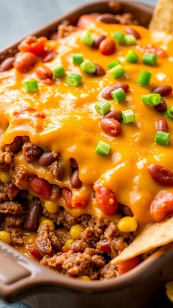 A colorful 7-layer casserole with ground beef, beans, corn, and cheese, garnished with green onions, served with tortilla chips.